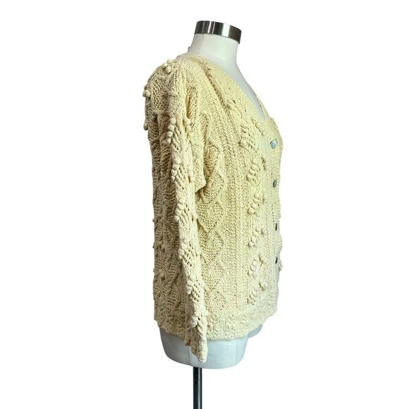 Vintage Laura Ashley Cotton French Knot Pom Crochet Knitted Cardigan Yellow SZ M - Picture 3 of 7